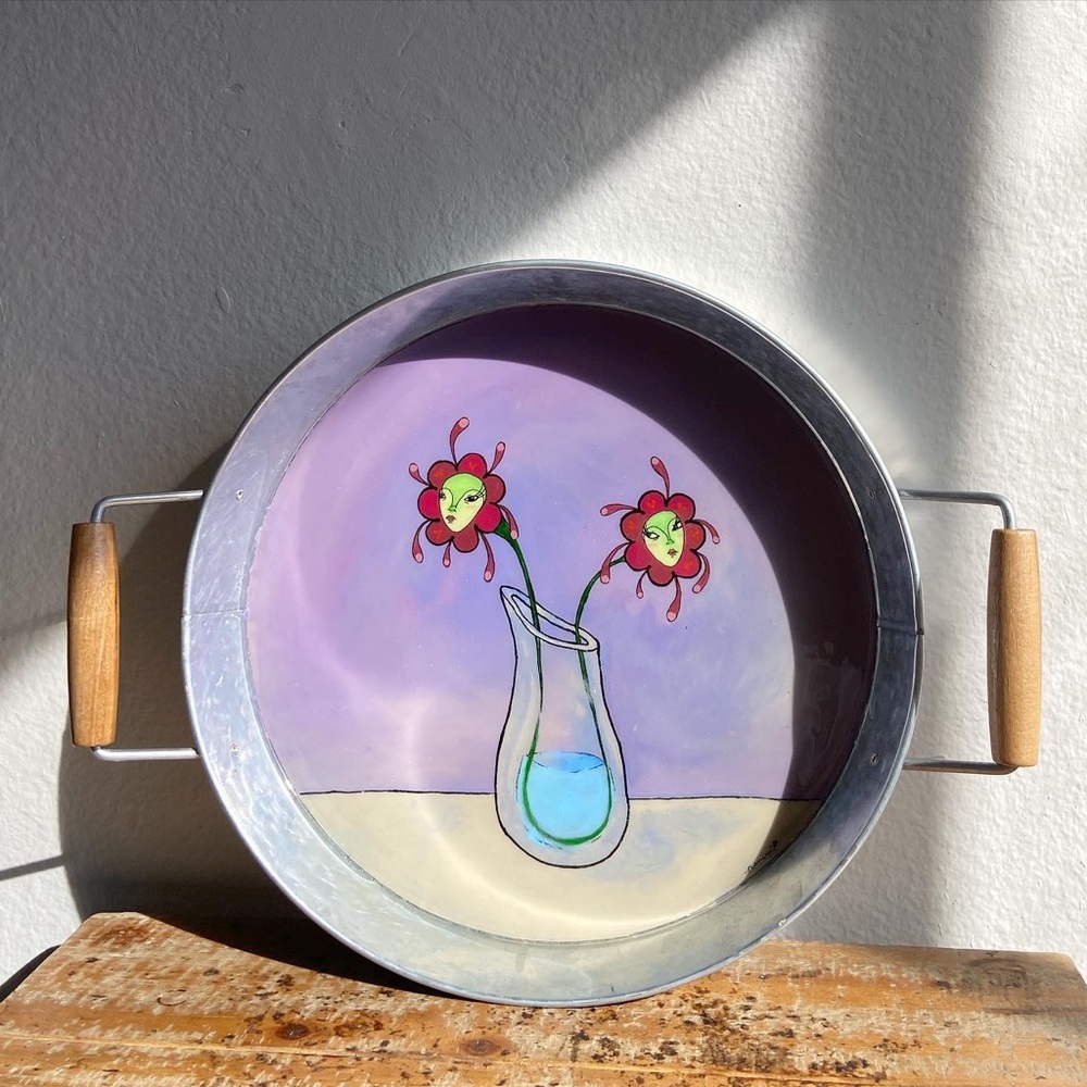 Flower decor tin tray with wood handles